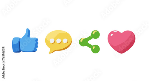 Vibrant 3D icons representing social media engagement: a blue thumbs-up for likes, a yellow speech bubble for comments, a green share icon for distribution, and a pink heart for love, all isolated on