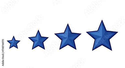 Four blue stars of varying sizes arranged horizontally on a black background, representing a rating system or achievement scale. The stars have a glossy, three-dimensional appearance with sharp