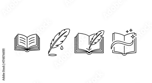 A minimalist, line-art illustration showcasing three distinct open books, each rendered with simple, elegant black lines on a clean white background, symbolizing knowledge, learning, and the power of