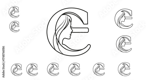 Elegant abstract logo design featuring a stylized profile of a woman's face integrated into the letter 'E', symbolizing beauty, femininity, and sophistication, perfect for branding and identity in