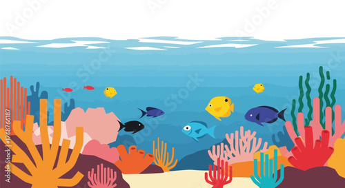 Vibrant underwater world illustration featuring colorful coral reefs and playful tropical fish