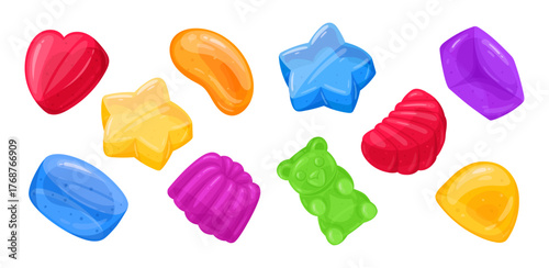 Cartoon fruit jelly candies. Colorful gummy, delicious chewy sweets with various flavors flat vector illustration set. Jelly sweets collection on white