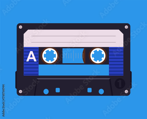 Cartoon retro music cassette poster. Vintage audio tape backdrop, pop music album tape design flat vector background illustration. Old school music audio tape