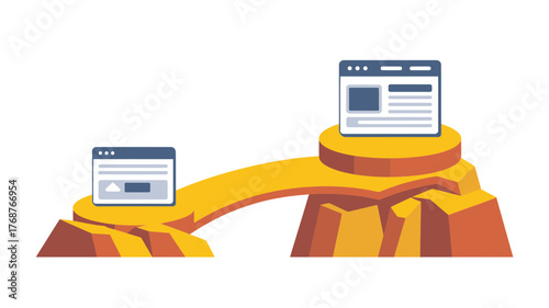 Digital bridge connecting two websites on rocky islands symbolizing online communication and connectivity