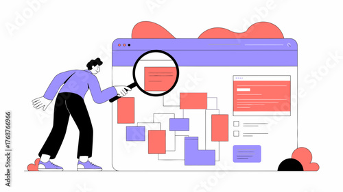 Man with magnifying glass examining a complex digital flowchart on a computer screen representing data analysis and problem solving