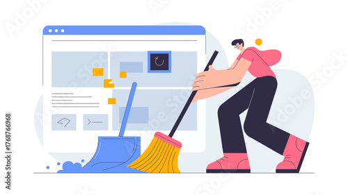 Person cleaning a digital interface with a broom and dustpan symbolizing website maintenance and optimization