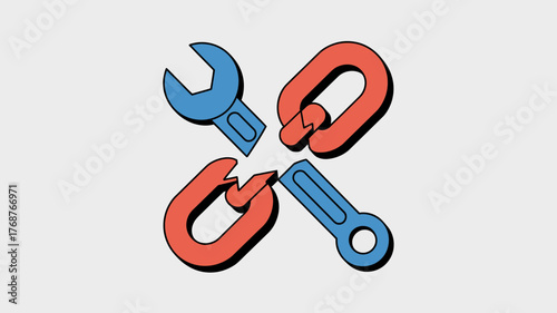 Conceptual illustration of a broken chain link being repaired with a wrench symbolizing fixing problems and solutions