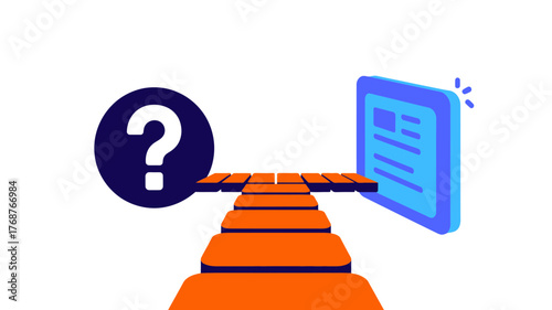 Conceptual illustration of a path leading from a question mark to a digital screen representing solutions and answers