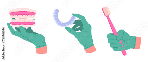 Dentist hands holding tools. Cartoon stomatologist hands in rubber gloves holding dental equipment flat vector illustration set. Dentist tools in doctors hands