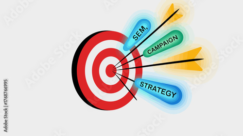 Marketing strategy campaign sem success achieved with arrows hitting the bullseye of a target board