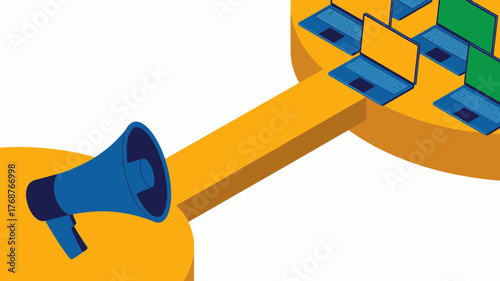 Digital marketing announcement concept with a megaphone broadcasting to multiple laptops on a network