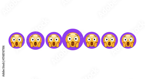 A horizontal line of seven identical 'Face Screaming in Fear' emojis, each enclosed in a vibrant purple circle, set against a stark black background, conveying shock, surprise, and alarm through