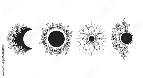 Set of four elegant celestial and floral design elements in white outline on a black background, featuring a crescent moon adorned with leaves and flowers, a circular floral wreath, a radiant