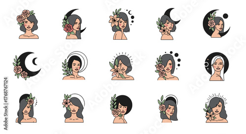 Collection of stylized female portraits with floral and celestial elements, featuring diverse hairstyles and subtle expressions, perfect for beauty, wellness, and mystical themes, vector art.