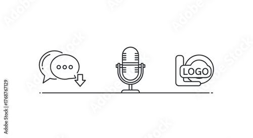 Collection of three minimalist line art icons representing communication, audio recording, and branding, set against a dark background, perfect for digital media, presentations, and web design