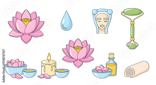 Serene spa and wellness icons collection, featuring delicate pink lotus flowers, a soothing lit candle, a refreshing water droplet, a jade roller for facial massage, essential oil bottle, rolled