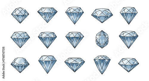 Collection of fifteen sparkling, faceted diamonds in various cuts and sizes, rendered in a clean, illustrative style with a black background, perfect for luxury, wealth, and jewelry themes.
