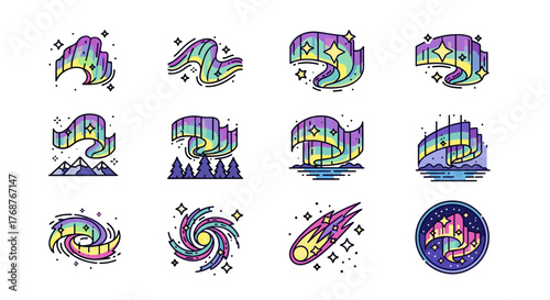 Collection of stylized illustrations depicting the aurora borealis in vibrant pastel colors, including swirling lights, celestial phenomena like galaxies and comets, and natural landscapes such as