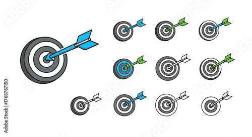 Collection of dartboards with arrows hitting the bullseye, representing accuracy, precision, and successful goal achievement in business, sports, and personal development. Diverse color schemes and