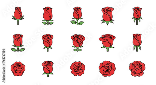 Collection of fifteen stylized red rose icons with green stems and leaves, presented against a stark black background, showcasing various stages of bloom from tight buds to fully opened flowers