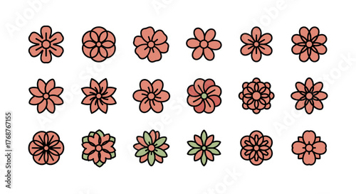 Collection of 18 stylized floral icons in a coral hue against a black background, showcasing diverse petal arrangements and geometric symmetry, perfect for graphic design and decorative elements.