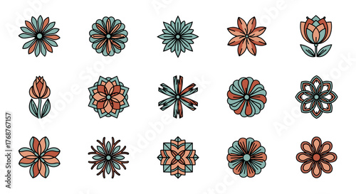 A vibrant collection of stylized floral illustrations in a retro color palette of coral and teal, set against a stark black background, showcasing diverse petal arrangements and geometric symmetry
