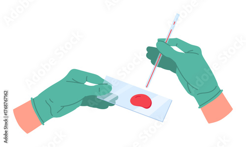 Hands holding laboratory glass with blood sample. Lab blood test, medical worker hands in rubber gloves flat vector illustration set. Laboratory assistant holding medical tools