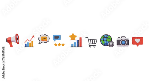 A vibrant collection of 3D icons representing digital marketing and business growth, including a megaphone, upward trending graph, chat bubble, star ratings, shopping cart, globe, camera, and a heart