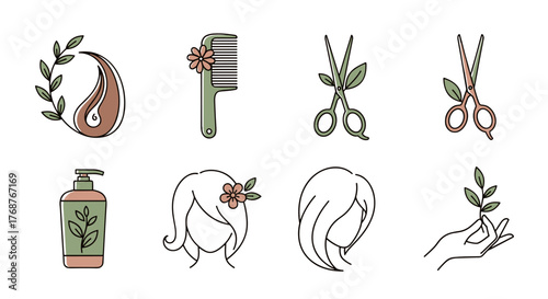 A collection of minimalist line art icons representing organic beauty and hair care, featuring elements like a paisley shape with leaves, a comb with a flower, scissors with leaves, a shampoo bottle