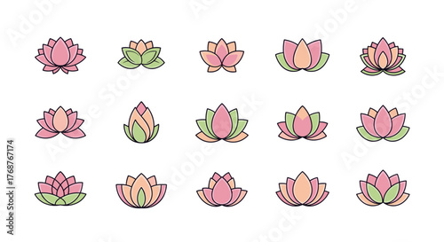 Collection of stylized lotus flower icons in various pastel pink, peach, and green color palettes, presented on a black background, symbolizing purity, enlightenment, and rebirth, perfect for