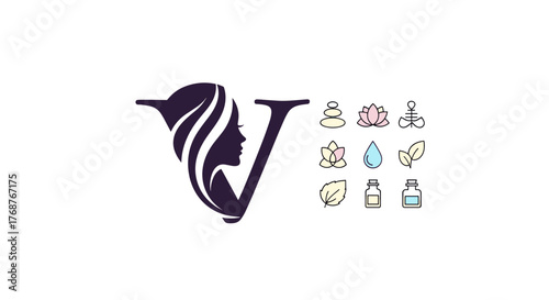 Elegant logo design featuring a stylized silhouette of a woman's profile integrated with the letter 'V', accompanied by a collection of serene icons representing wellness and natural beauty