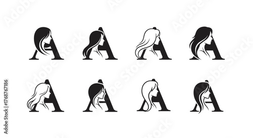 Set of eight elegant silhouette logos featuring the letter A combined with diverse female hairstyles, symbolizing beauty, fashion, and personal identity. Each design showcases a unique profile of a