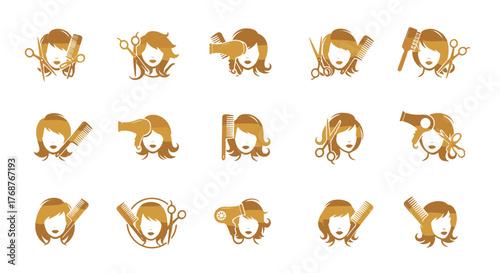 Golden Icons Set: A Collection of Stylized Female Hairstyles with Hairdressing Tools Including Scissors and Combs, Representing Beauty Salons, Hair Care, and Professional Styling Services on a Black