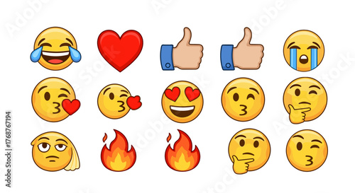 A vibrant collection of popular emojis and symbols, including laughing with tears, a red heart, thumbs up, crying face, kissing face, heart eyes, thinking face, cool face with sunglasses, and fire