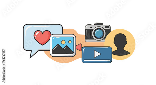 A vibrant and modern flat design illustration showcasing a collection of social media and digital communication icons, including a speech bubble with a heart, a photo frame with mountains, a video