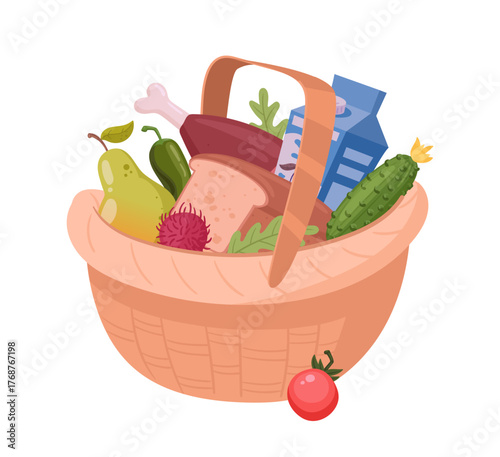 Hamper basket full of food. Grocery wicker basket, beverage, dining, dish wicker basket flat vector illustration. Handle wicker basket on white background
