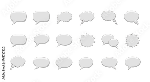 Collection of twenty-one white 3D speech bubbles and thought clouds with subtle shadows, isolated on a black background, representing communication, ideas, and conversation in various shapes and