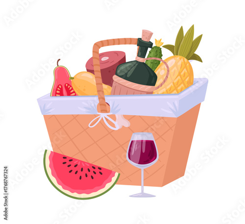 Wicker picnic basket. Snack hamper basket full of fruits and wine, beverage, dining, dish wicker basket flat vector illustration. Handle picnic basket on white