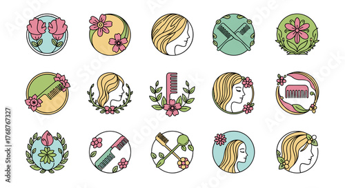 Collection of stylized circular icons featuring delicate floral elements and hair care tools like combs, symbolizing beauty, grooming, and natural aesthetics, presented in a pastel color palette on a
