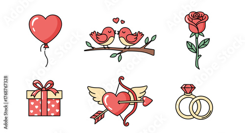 A vibrant collection of six charming Valentine's Day icons, including a heart-shaped balloon, two lovebirds on a branch, a single red rose, a gift box adorned with hearts, a cupid's arrow piercing a