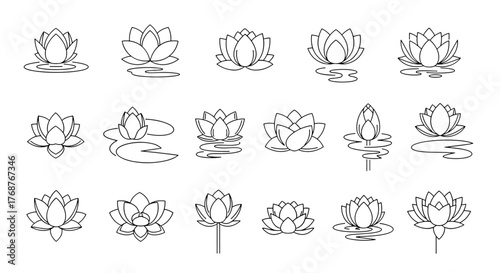 Collection of stylized white lotus flower line art icons and symbols on a black background, representing purity, enlightenment, and rebirth, perfect for wellness and spa branding, yoga studios, and
