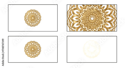 Intricate golden mandala pattern with a metallic sheen, symbolizing spiritual harmony and inner peace, presented on a clean white background with variations in opacity and framing for versatile