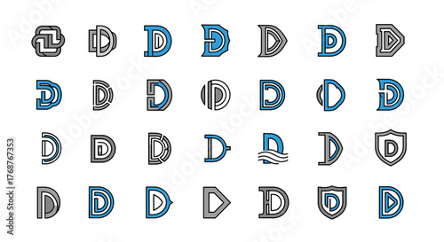 Collection of 30 unique and creative letter D logos, presented in a modern, geometric, and abstract style with blue and gray color accents, perfect for branding, identity design, and digital
