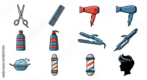 A vibrant collection of barber shop and hair salon icons, featuring essential tools like scissors, combs, hairdryers, curling irons, flat irons, shampoo bottles, a basin with suds, and classic barber