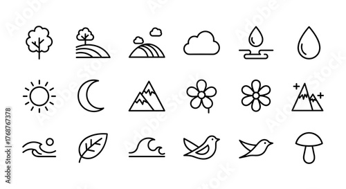 A collection of simple, minimalist line art icons representing various natural elements and abstract concepts, including a cloud, a rainbow, a sun, a moon, a leaf, a triangle, a mushroom, and a bird
