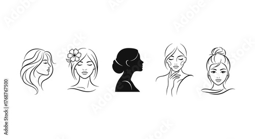 Elegant Silhouette of a Woman's Profile, Featuring a Classic Updo Hairstyle and Subtle Shoulder Detail, Set Against a Stark Black Background with Faint Outline Details of Other Figures Suggesting a