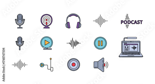 A vibrant collection of flat design icons representing podcasting and audio recording, featuring microphones, headphones, sound waves, play and pause buttons, a speaker, a recording button, a laptop