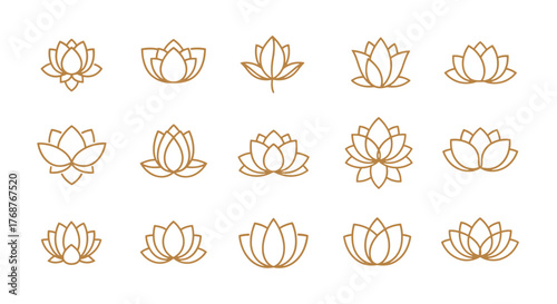 Collection of elegant golden lotus flower line art icons and symbols on a black background, representing purity, enlightenment, and spiritual growth, perfect for wellness and spa branding.
