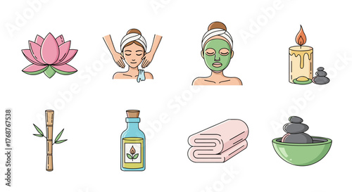 A collection of spa and wellness icons, including a lotus flower, a facial massage, a green face mask, a lit candle with stones, bamboo, essential oil, a folded towel, and a bowl of hot stones