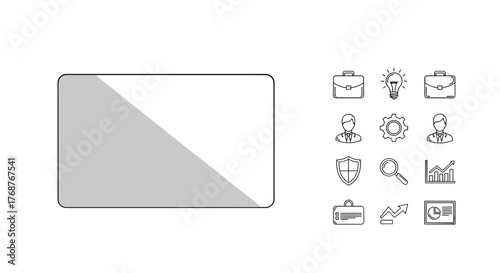 Modern business icons and a sleek tablet device with a split screen, symbolizing digital transformation, innovation, and data analysis in the corporate world. Perfect for presentations, websites, and